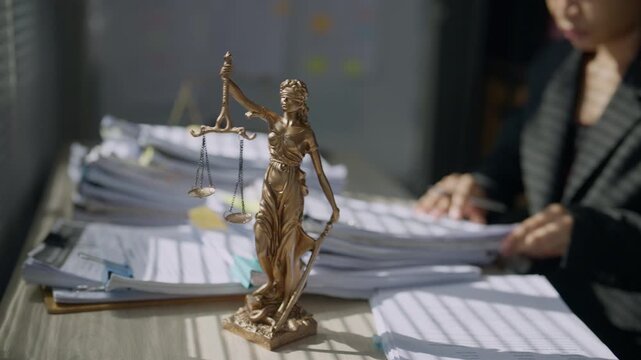 Lady Justice statue with balanced scales in focus, representing fairness, equality, legal rights, impartial judgment, court proceedings, ethics, legislation, and rule of law.