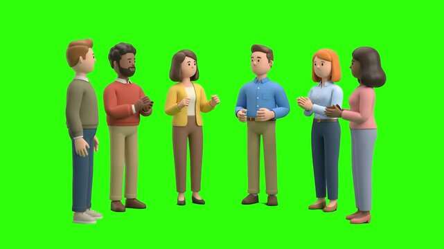A 3D animated diverse team of people standing together, clapping hands and applauding on a chroma key green background. Perfect for corporate success videos, celebration clips, audience reactions, and