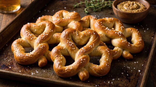 Golden baked shamrock shaped soft pretzels with salt and mustard, a festive homemade snack for St Patrick's Day celebrations.