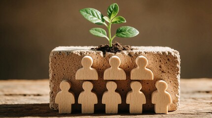 Fototapeta premium Small green plant grows from concrete block with wooden human figures. Symbol of business growth, team resilience, ethical workforce structure. Concept of organic development, corporate social