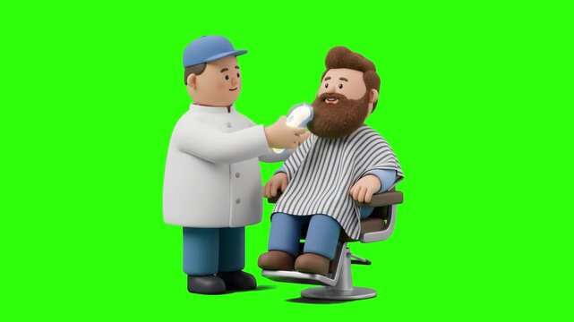 A 3D animated barber trimming the beard of a male client sitting in a barbershop chair on a chroma key green background. Ideal for barbershop commercials, grooming services, haircut tutorials, and mot