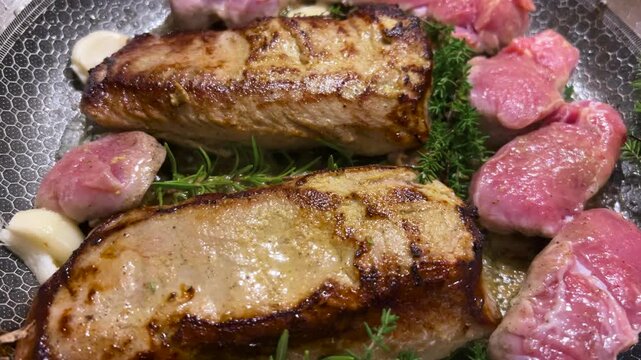 A professional chef sears juicy veal steaks in a hot skillet with raw medallions around them, adding thyme, rosemary, and garlic for flavor during dinner preparation.