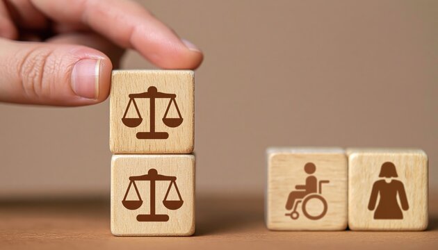 Equality and justice icons on wooden blocks held by a hand representing diversity and inclusion