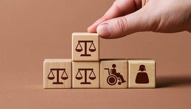 Equality and justice concept with a hand placing wooden blocks for disability inclusion rights