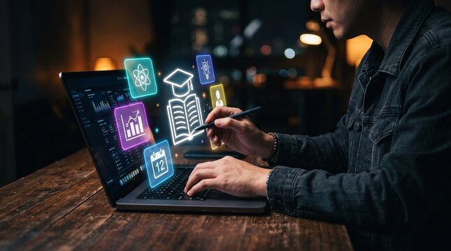 Education specialist using online learning technology with digital courses, e learning platform, knowledge management, professional training, remote education, and smart classroom solutions.