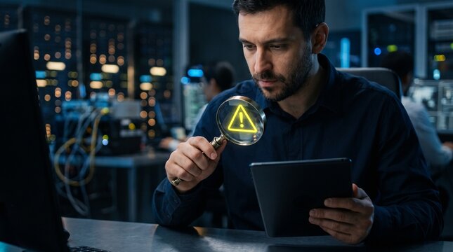 Cybersecurity analyst investigates digital risk alerts using magnifying glass inspection, threat detection system, data breach warning signal, online security monitoring, fraud prevention analysis
