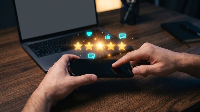Marketing manager analyzes customer satisfaction, five-star ratings, online reviews, feedback, service quality, digital reputation, and engagement to improve customer experience and loyalty.