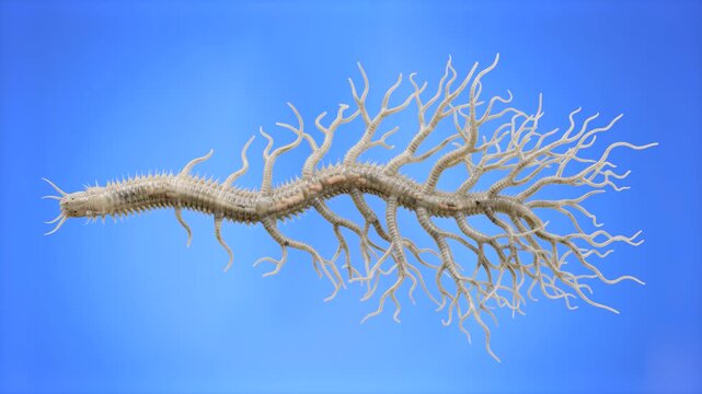 Detailed 3D model of a parasitic nematode worm or hookworm with branching features isolated over a blue background. Perfect for scientific documentaries, health education promos, medical research, bio