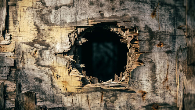 Jagged hole broken through weathered plywood board texture