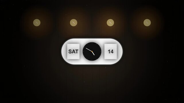 Minimalist digital clock interface showing day and date against a dark background with soft lighting.