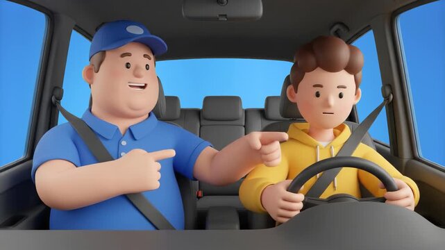 A 3D animated driving instructor guiding a young driver holding the steering wheel inside a car with a blue chroma key background. Perfect for driving school advertising, automobile training clips, tr