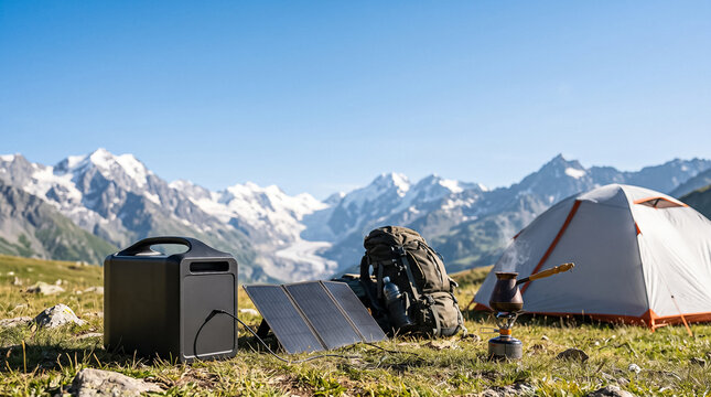 portable power station and solar panel near tent in mountains with view of snow covered mountain ridge