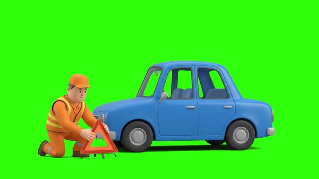 Cute 3D animated auto mechanic or driver placing an orange emergency warning triangle behind a broken down blue sedan car over a chroma key green background. Perfect for roadside assistance promos, au