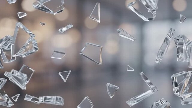 Abstract glass wave shattering into sharp fragments, slow motion, 3D render