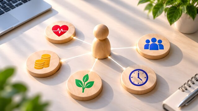 A wooden human figure connected to icons of health money time and community representing human resources employee benefits and core values.