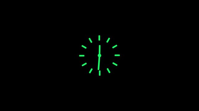 Green clock icon with moving arrows in 12 hour loop. Stopwatch animation. Alpha channel