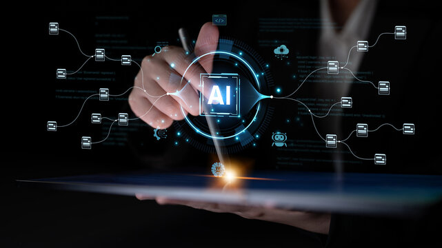 An AI-powered system for automating data workflows. The central intelligence processes and distributes information, managing complex data pipelines as shown by the surrounding code. Fermion