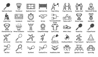 Obraz premium Badminton Competition Line Icon Set – Tournament Racket Player and Shuttlecock Vector
