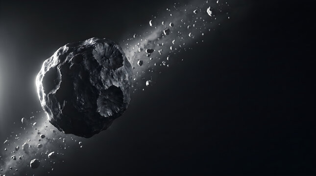 Stunning cosmic view of an astroid belt with a massive rocky asteroid and meteorites floating in outer space