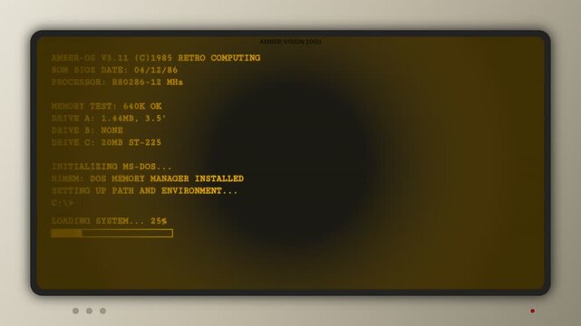 Retro Computer Booting System Concept with Amber Monochrome CRT Monitor and MS-DOS Text