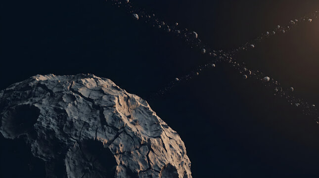 Stunning cosmic view featuring a rocky planetary body and a distant astroid belt in the vast dark universe