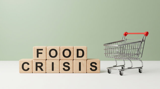 Rising food cost graph reflects living crisis beside shopping cart. Economic inflation recession crisis. finance price rate increase, budget expense debt poverty, chart trend