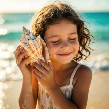Happy young girl listens to ocean sound through large seashell on sunny beach. Joyful kid holds conch shell to ear sitting on sand. Summer vacation concept shows child enjoying nature, sea magic