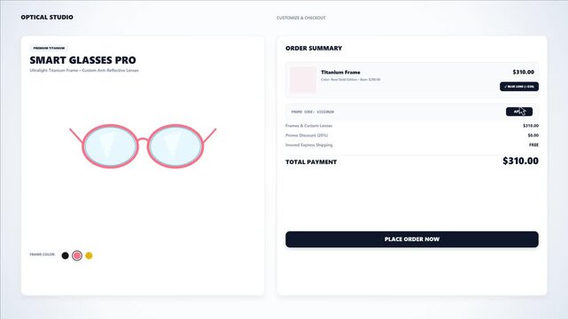 Online Shopping Checkout UI Animation in 4K, Modern Sunglasses E-Commerce Interface, Eyewear Online Store, Product Selection, Shopping Cart, Payment Gateway and Digital Commerce