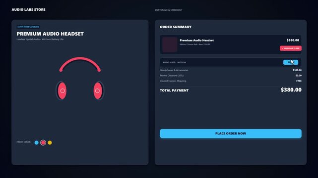 Online Shopping Checkout Process UI Animation in 4K, Headphones Customization and Payment Gateway Interface, E-Commerce Purchase, Product Selection, Cart and Digital Payment