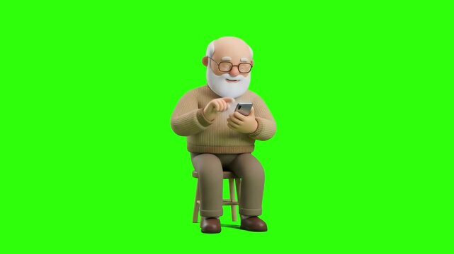 Cute 3D animated elderly man sitting on a chair tapping touchscreen smartphone over a chroma key green background. Ideal for mobile app promos for seniors, online banking, digital literacy campaigns, 