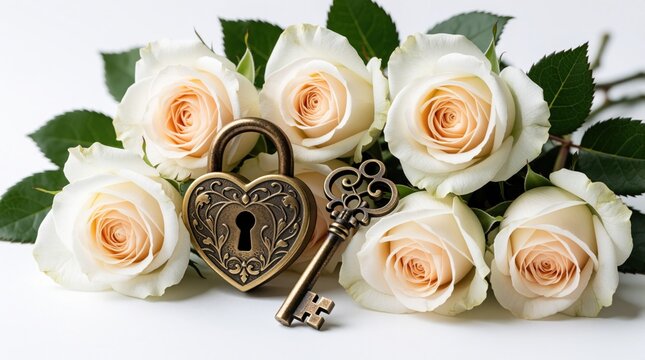 White rose bouquet with heart shaped bronze padlock, vintage key. Romantic floral arrangement secret love, marriage, deep connection. Elegant wedding flowers with metal lock, key on white background