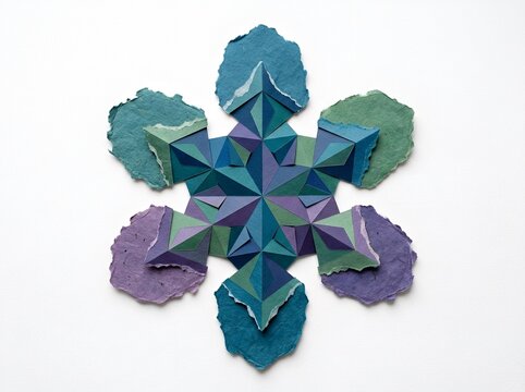 Colorful paper origami snowflake made of folded geometric shapes with blue and green paper texture