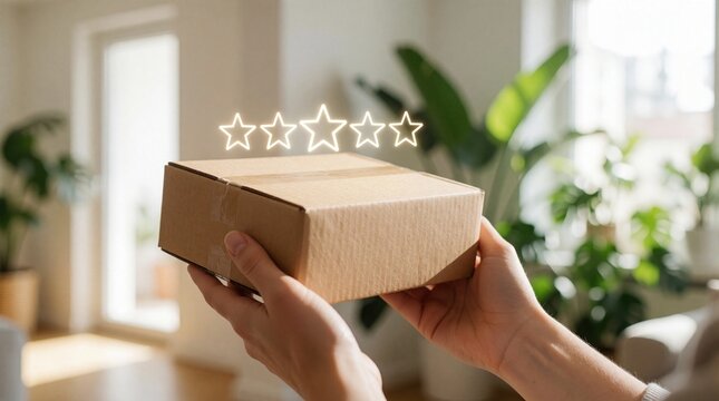 Female hands hold brown cardboard parcel at home. Five star rating icon floats above delivery box. Customer gives positive feedback for online shopping service. Happy client reviews product quality