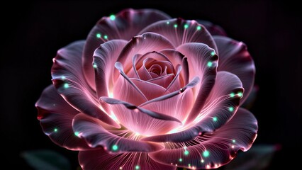 Fototapeta premium A glowing pink rose with green sparkles against a dark background.