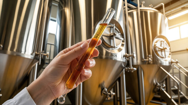 Close up of woman hand holding glass hydrometer with amber liquid. Female worker performs quality control test in craft brewery. Pro technician measures alcohol content sugar level in fermentation