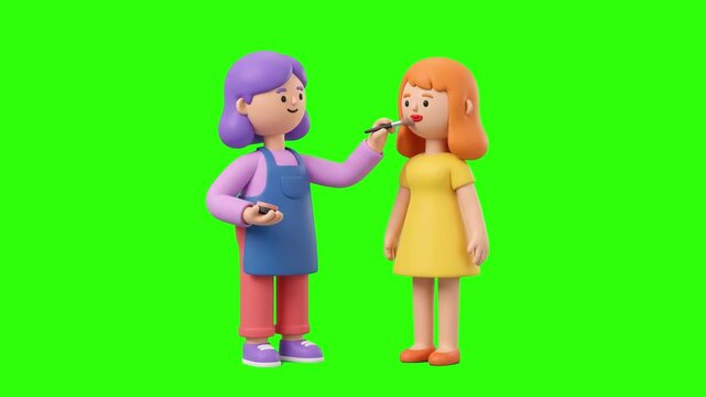 Cute 3D animated makeup artist applying red lipstick or lip makeup to a standing woman client over a chroma key green background. Perfect for cosmetics commercials, lip makeup promos, beauty parlor ad