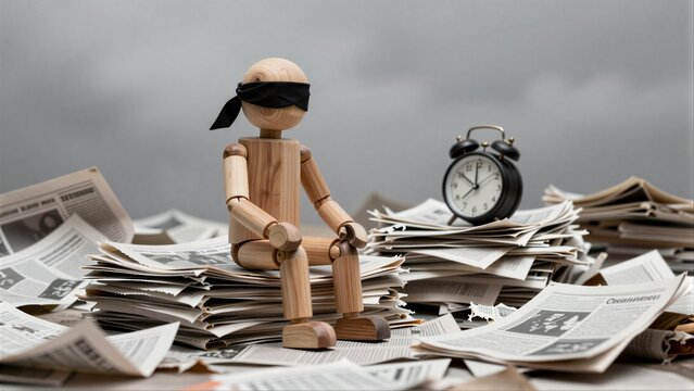 Wooden figure blindfolded sits amid newspaper piles, clock ticks nearby.