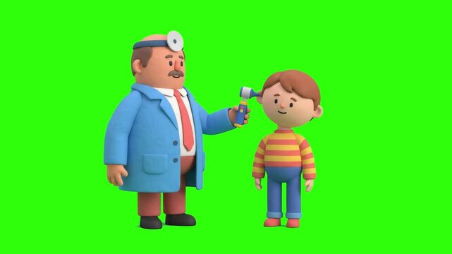 Cute 3D animated doctor examining a young boy ear with an otoscope medical tool over a chroma key green background. Great for pediatric clinic ads, ENT doctor promos, ear checkup concepts, child healt