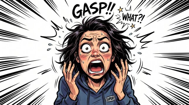 A woman with a shocked and panicked expression in a manga comic book art style.