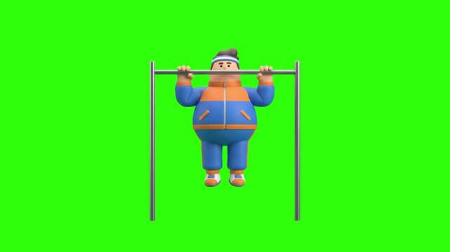 Cute 3D animated man in a tracksuit doing pull-ups on a horizontal pull-up bar over a chroma key green background. Excellent for back workout guides, calisthenics promos, bodyweight fitness training, 