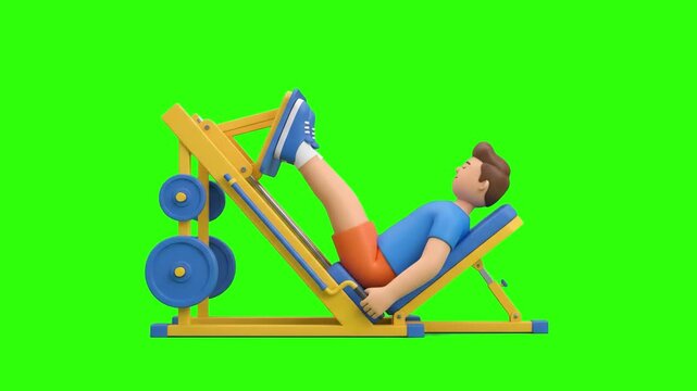 A 3D animated man performing leg extensions on a leg press gym machine on a chroma key green background. Great for gym workout guides, quadriceps training promos, bodybuilding clips, and motion graphi