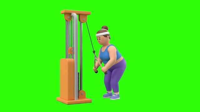 A 3D animated woman doing tricep pushdowns on a cable pulley gym machine on a chroma key green background. Suitable for fitness equipment guides, gym workout programs, resistance training clips, and m