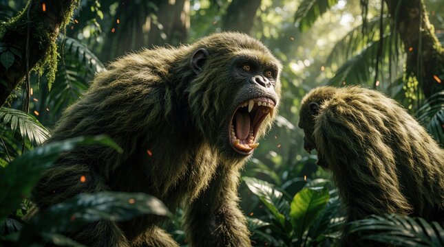 Aggressive monkey roars in rich green jungle. Wild primate shows sharp teeth, open mouth in forest habitat. Close up portrait of angry mammal screaming during daylight. Two monkeys interact in