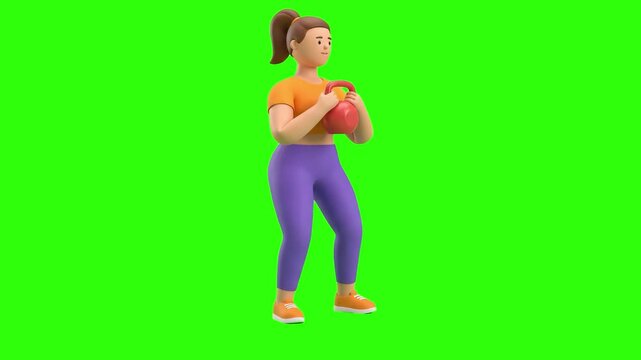 A 3D animated woman performing goblet squats with a red kettlebell on a chroma key green background. Ideal for fitness center promos, strength training tutorials, weight loss videos, and motion graphi