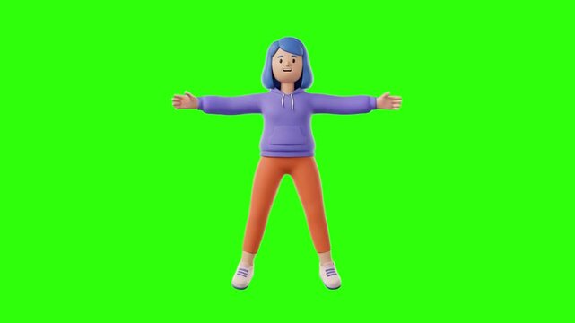 Cute 3D animated woman performing star jumps or jumping jacks cardio exercise over a chroma key green background. Great for aerobic workout promos, fitness app guides, cardio endurance training, weigh