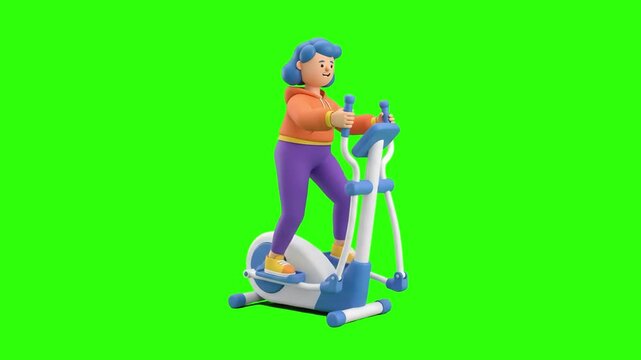 A 3D animated woman exercising on an elliptical trainer machine on a chroma key green background. Great for gym commercials, cardio workout videos, weight loss motivation, and video compositing.