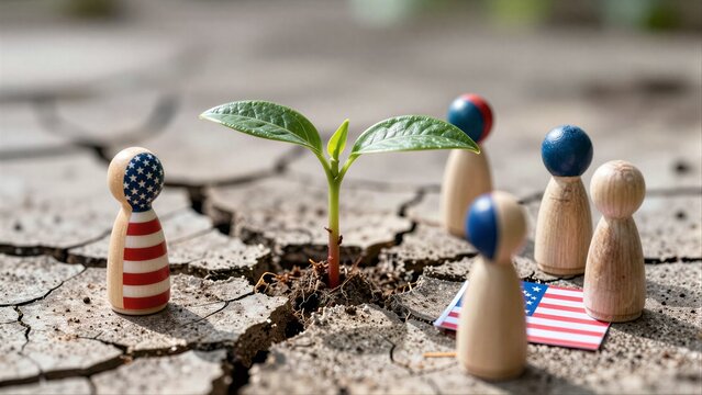 Tiny plant grows from cracked earth, surrounded by symbolic figures.