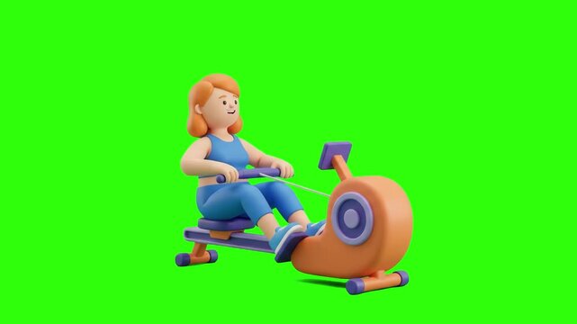 Cute 3D animated woman working out on a rowing machine over a chroma key green background. Great for fitness club promos, cardio endurance training, gym equipment ads, health lifestyle videos, and key