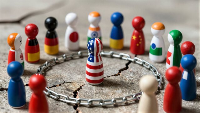 Global leaders in chains, symbolizing trade tensions and geopolitical isolation.