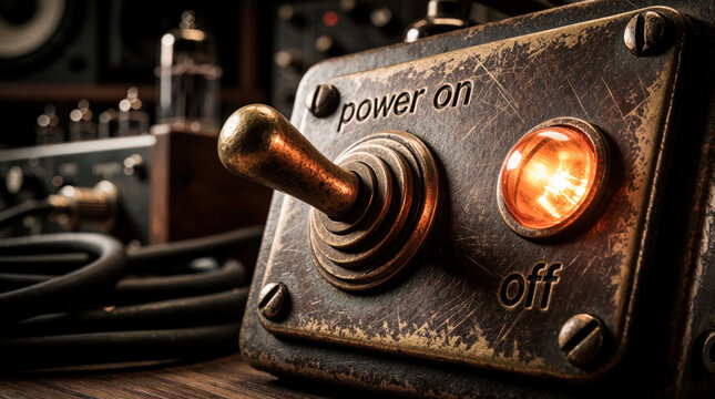 Close up of vintage metal power switch with glowing orange light. Old industrial control panel features worn texture, retro design. Antique electrical device shows on, off positions in dark studio.